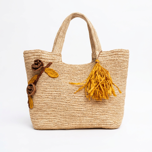 Sac fourre-tout en paille crocheté, léger, à bandoulière, avec pompon floral, couleur unie, pour les voyages et l'usage quotidien - Product Image 1