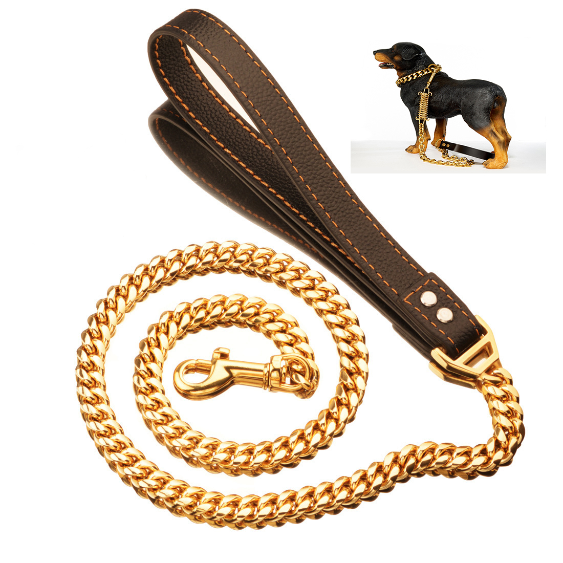 Золотая веревка для собак, кубинская звеньевая цепь из нержавеющей стали, металлическая цепь для домашних животных с кожаными мягкими ручками