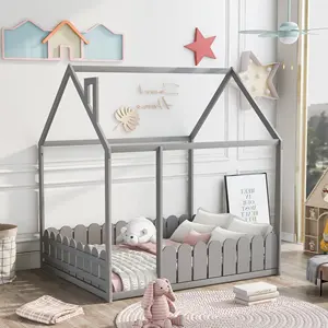 NOVA 22NVCB086-Conjunto de dormitorio gris para niños, muebles con forma de casa para niños pequeños, cama personalizada de tamaño Montessori