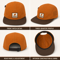 Casquette de camping 5 panneaux orange brûlé avec logo personnalisé, visière plate, en ripstop, non structurée, découpée au laser, pour activités de plein air, randonnée et aventure, vente en gros