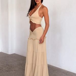 ชุดเซ็ตสองชิ้นแฟชั่นใหม่ปี 2026 เสื้อคอวีแบบผูกคอสุดเซ็กซี่ พร้อมกระโปรงยาวระบาย ชุดสองชิ้นสำหรับผู้หญิง - Product Image 2