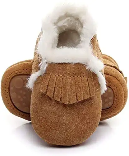 Grosir Sepatu Bot Bayi untuk Anak Laki-laki Perempuan Bulu Musim Dingin Sepatu Bot Bayi Kulit Asli Suede Pinggiran Sepatu Mokasin Bayi Sol Karet Keras