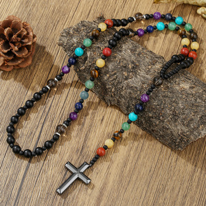 Nuova Tendenza <span class=keywords><strong>Collana</strong></span> <span class=keywords><strong>Rosario</strong></span> <span class=keywords><strong>con</strong></span> Perline in Pietra Naturale 7 Chakra e Ciondolo a Croce, <span class=keywords><strong>Collana</strong></span> Vintage da Uomo Bohemien Multicolore in Ematite - Product Image 2