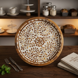Bandeja de Servir Artesanal con Incrustaciones Florales en Hueso |   Organizador de Mesa de Centro de Madera con Mosaico y Bandeja Otomana de Lujo - Product Image 1