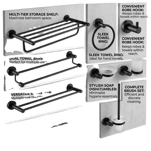 Ensemble porte-serviettes mural en acier inoxydable noir avec étagère, crochets, porte-savon et support pour brosse pour l'organisation de la salle de bain - Product Image 1