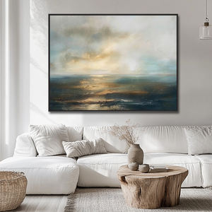 Grande Peinture à l'Huile Paysagère Abstraite Faite à la Main, Thème <span class=keywords><strong>Coucher</strong></span> <span class=keywords><strong>de</strong></span> <span class=keywords><strong>Soleil</strong></span>, Décoration Murale, Gris, Bleu et Or, Peinture Océanique Horizontale - Product Image 3
