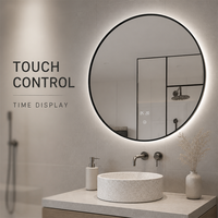 Miroir de salle de bain LED rond mural, cadre en métal noir fin, rétroéclairé, interrupteur tactile, miroir intelligent pour appartement, hôtel, commandes