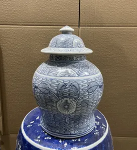 Toples penyimpanan keramik Cina, toples jahe porselen biru dan putih