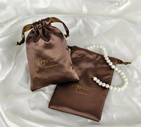 Sac en satin brun à cordon de serrage, personnalisé avec logo imprimé, pour cosmétiques, maquillage, soins de la peau, emballage réutilisable, anti-poussière