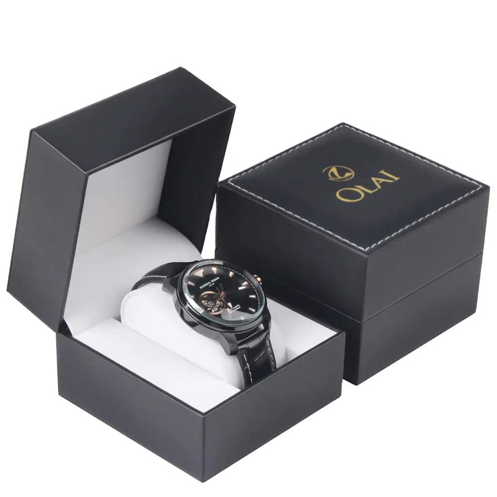Caja de reloj para hombre de cuero pu negro sencillo y rentable de diseño simple con cuerda blanca en stock Entrega en 3 días