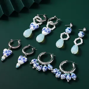 Blaue und weiße Porzellan Keramik Herz Perle Creolen Vintage chinesische Kultur vergoldet baumeln Perlen Ohrringe