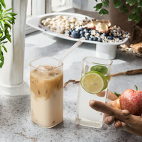 Gobelet à smoothie et jus carré personnalisé de 400 ml en verre borosilicate, avec paille et couvercle en bambou, portable, compatible lave-vaisselle, design moderne, pour boissons glacées