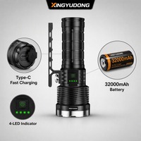 Lampe de poche LED rechargeable 30000 lumens, portée 980m, 32000mAh, USB Type C, étanche IPX4, torche en aluminium, vente en gros, noir