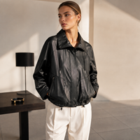 Veste Courte Femme en Cuir de Mouton Véritable, Col Revers, Fermeture Éclair et Boutons Pression, Ourlet à Cordon, Style Vintage