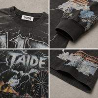 T-shirt noir lavé 240 GSM à manches longues avec imprimé graphique intégral, coupe ample et oversize, design personnalisé TaiDe, fabricant de vêtements OEM ODM