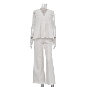 Ensemble de 2 pièces pour femmes, pantalon large décontracté en coton sans manches à col en V, mode féminine - Product Image 4