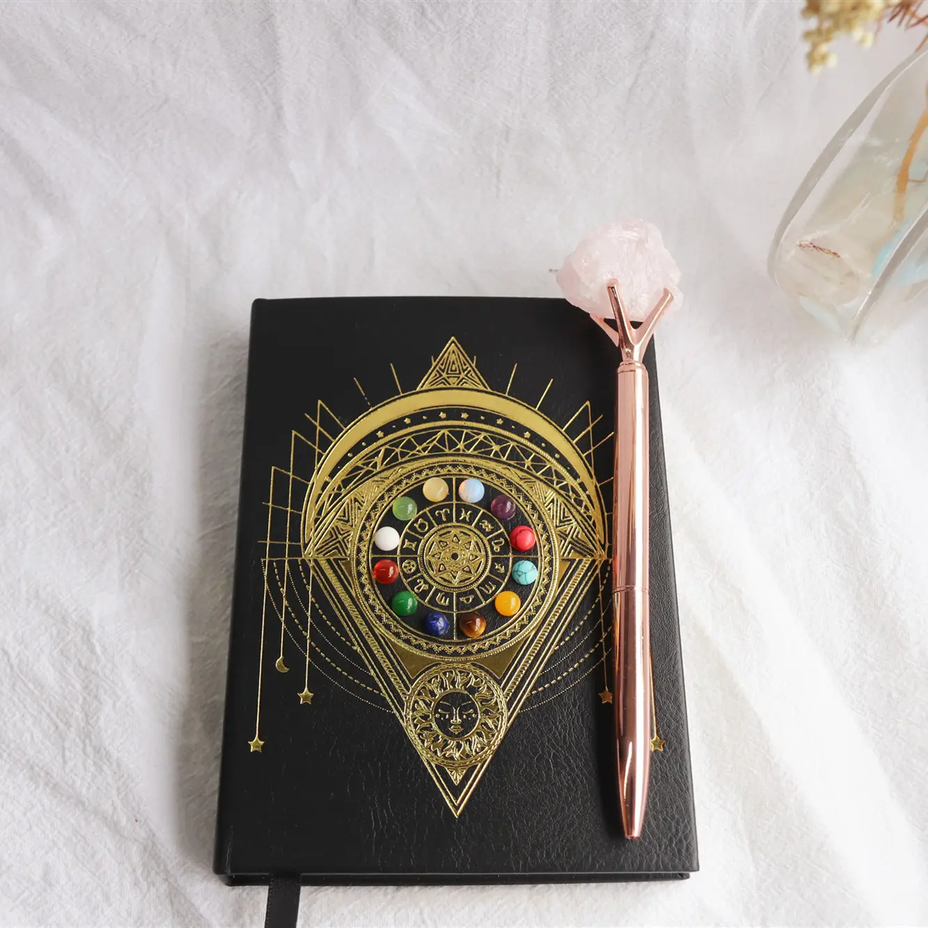 Cuaderno de astrología con 12 signos del zodiaco, libreta de cristal vegana hecha a mano, Gema infuida, con juego de plumas de cristal