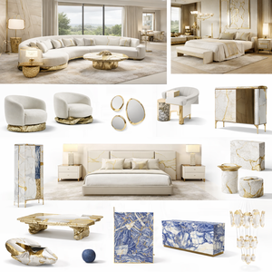 Custom Minimalist Queen Bedroom Furniture Upholstered Platform <b>Bed</b> Gold Vein Marble Headboard Two-Drawer Nightstands <b>Bed</b> End - Product Image 1