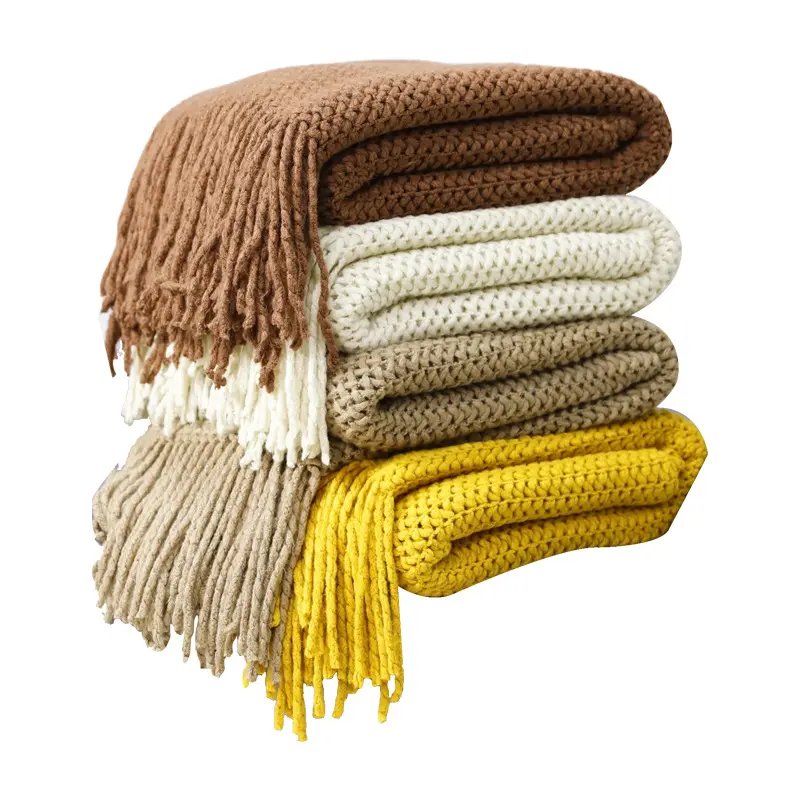 Top Quality Super Soft Warm Design Colors Breathe Textured Polyester Home Decor Acrylic Knitted Throw Blankets With Tassel