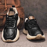 Chaussures de sport rétro pour hommes, design 'Loup', à lacets, automne-hiver, course, en cuir microfibre noir, semelle épaisse, rehaussantes, solides