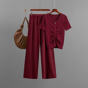 ชุดเซ็ตไหมพรมถักลายริบแบบมินิมอลสำหรับฤดูร้อน เสื้อยืดซิปหน้าทรงหลวม กางเกงขายาวทรงกว้าง สไตล์ลำลองเก๋ไก๋สำหรับผู้หญิง - Product Image 5