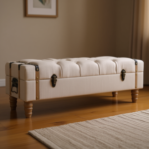 Banc de rangement Cream Storage Bench 43,7 pouces en bois massif et tissu, meuble de chambre à coucher avec dessus capitonné et accents métalliques - Product Image 2