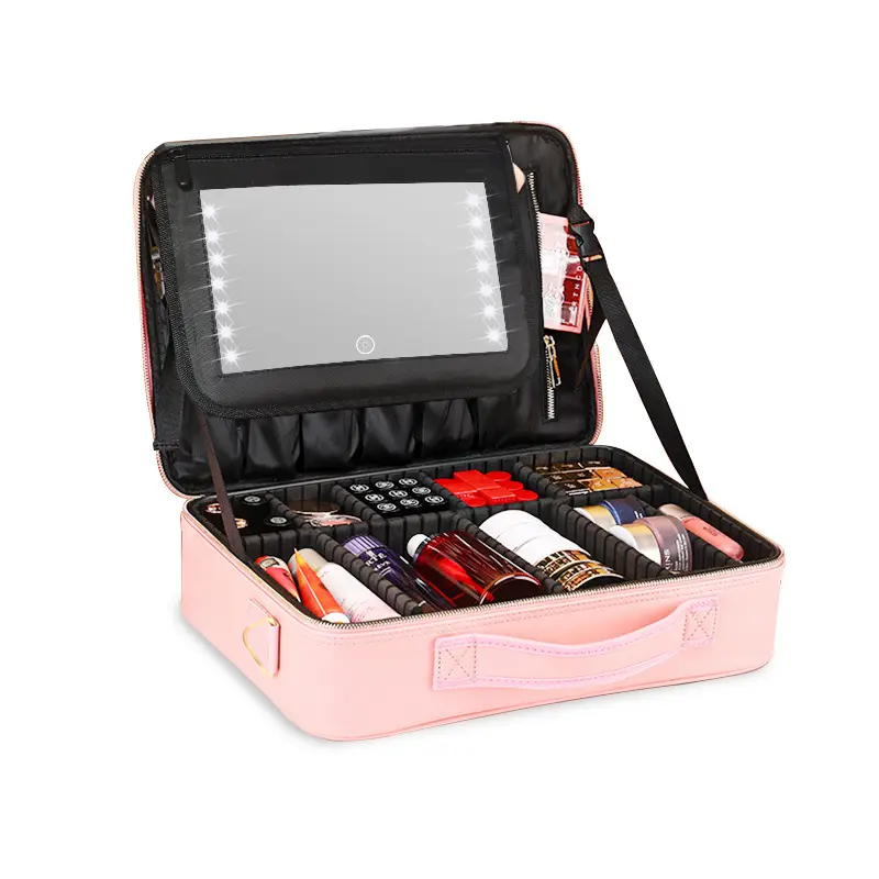 2023 large capacity desktop cosmetic storage box waterproof leather travel portable makeup bag case with LED light mirror
