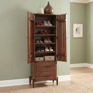 Armoire à chaussures en bois de style Mid-Century Modern, armoire haute avec portes à lattes et tiroirs pour entrée ou couloir - Product Image 2