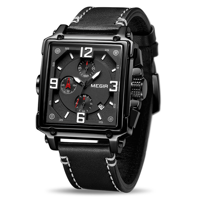 MEGIR Orologio Cronografo Uomo Quarzo – Rettangolare, Cinturino In Pelle, Data E Luci Al Buio (ML2061G)