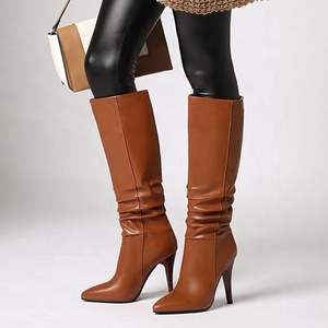 Plicated Design Fashion Big Size 43 Women Pointed Toe Knee High Boots <b>Slip</b>-on Thin High Heel <b>Long</b> Booties for Ladies - Product Image 1