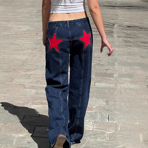 Pantalon en <span class=keywords><strong>jean</strong></span> rétro Y2K Sassy Girl avec pentagramme au dos, patchwork de couleurs contrastées, séchage rapide - Product Image 5