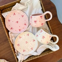 Ensemble tasse et soucoupe à café en céramique faits à la main, mug sous glaçure de 350 ml, motifs frais et mignons pour filles, coffret cadeau en boîte cartonnée