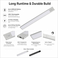 Barre lumineuse LED ultra-mince rechargeable à détecteur de mouvement, blanc chaud, 3 températures de couleur, intensité variable, magnétique, pour armoire, Type-C, 50 000 heures