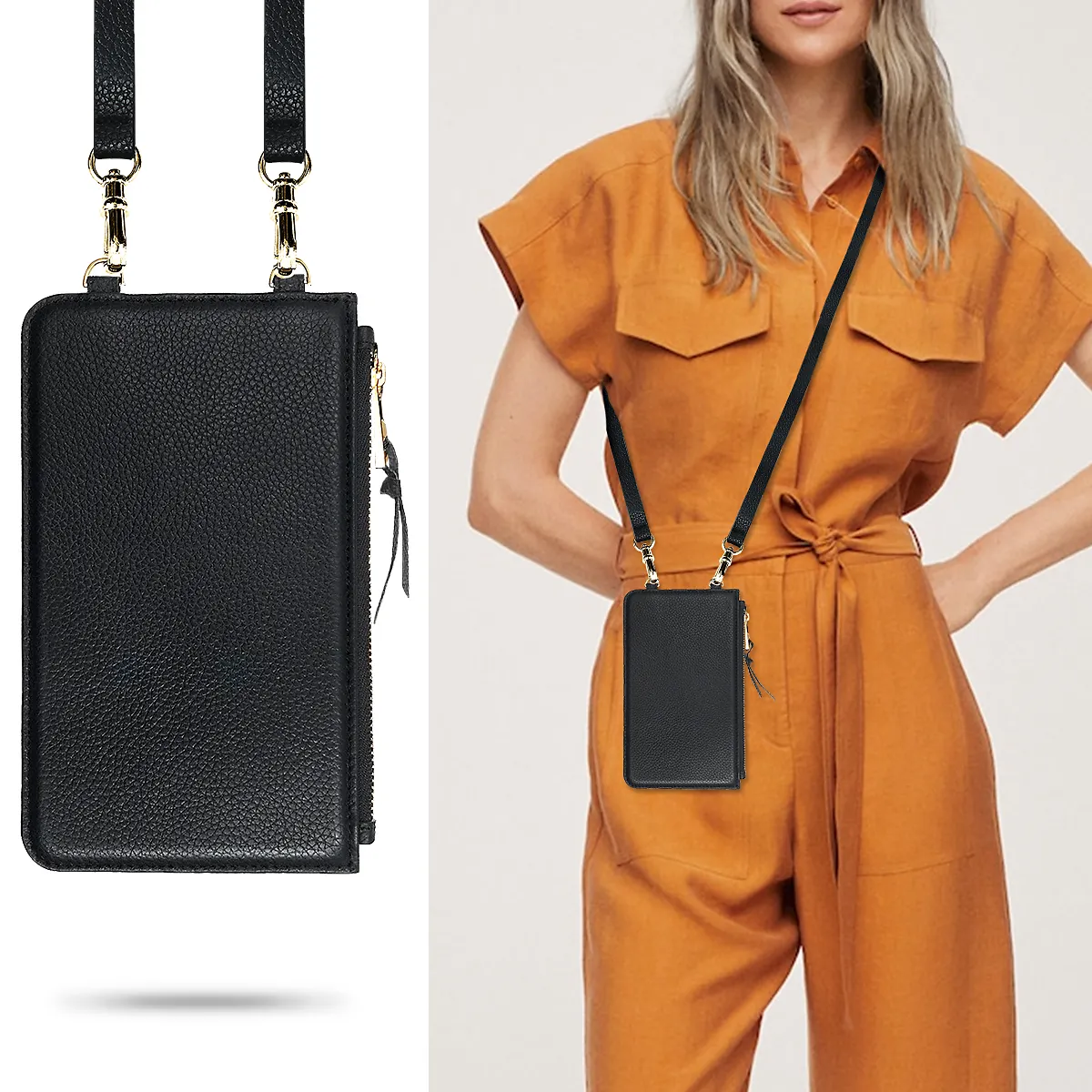 Elegant Pebble Grain Zippered Bag Genuine Leather Crossbody Phone Bag Sleeve for iPhone