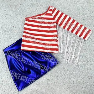 DH ODM 4th Of July Fashion American Children 1 Sleeve Top Pu Skirt 2piececs Outfit Toddler Girls Clothing Sets