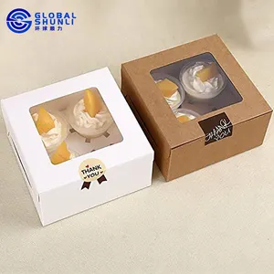 Глобальная коробка для кексов Shunli с окном дисплея и вставками, вмещает 4 стандартных кекса 6,3x6,3x3 дюйма, белые коробки для пекарни