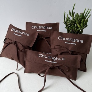 CH Custom Logo Luxury Brown Cotton Linen <b>Envelope</b> Handbag Dust Bag with Bow-Tie Flap Cotton Pouch Clothing <b>Gift</b> Packaging Bag - Product Image 1