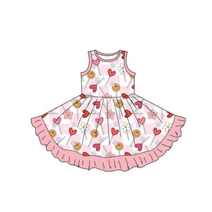 ชุดเด็กผู้หญิงชุดเสื้อผ้าเด็กแบบมีฟองพิมพ์ลายหัวใจเสื้อแขนกุดมีระบายคอกางเกงขาสั้นสำหรับฤดูร้อน - Product Image 3