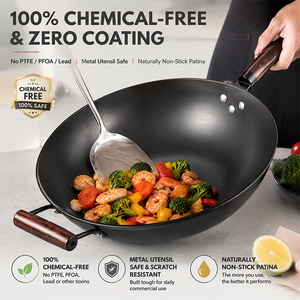 Wok de Acero al Carbono sin Recubrimiento, Sartén Tradicional China para Saltear, Resistente, con Mango de Madera y Asa Auxiliar para Todo Tipo de Estufas - Product Image 2