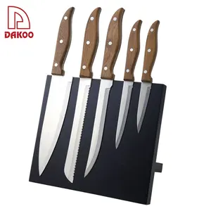 Couteau de chef professionnel, manche en noyer, ensemble de 5 couteaux avec bloc magnétique en bois