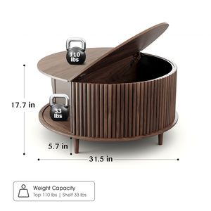 Óc Chó gỗ tròn Bàn cà phê với lưu trữ, rãnh trung tâm bảng với cửa tủ trượt cho phòng khách, nhà không gian nhỏ - Product Image 2