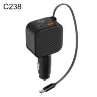 Chargeur de voiture rétractable 30W double port et câble Type-C intégré de 0,65 m pour charge rapide de téléphones et tablettes (vente en gros)