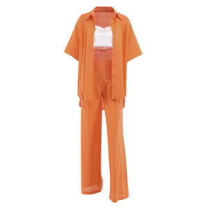 Vêtements personnalisés Ensemble chemisier chemise pantalon en lin et coton mélangé de haute qualité pour dames - Product Image 6