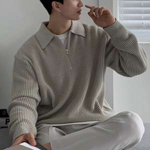 Suéter de punto de Color sólido versión coreana, chaqueta de suéter con cremallera a la moda, Tops informales de manga larga con solapa para hombre, 2017 - Product Image 2