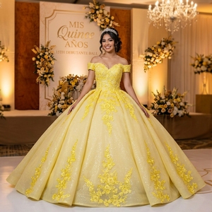 Lsany278 Luxury Light <b>Yellow</b> Quinceanera <b>Dress</b> Lace Applique Glitter Princess Ball Gown Sweet 15 Party <b>Dress</b> Jancember - Product Image 1