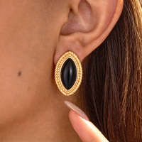 Parure de bijoux vintage en acier inoxydable plaqué or PVD 18 carats avec pierres noires, boucles d'oreilles pendantes et bagues pour femme, résistantes au ternissement