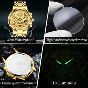 Montres pour hommes OLEVS 9947, marque haut de gamme, montre à quartz originale étanche pour homme, style squelette doré, jour et nuit 24 heures, nouveauté - Product Image 5