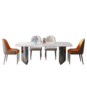 आधुनिक सरल आयताकार डाइनिंग टेबल सेट सुपर क्रिस्टल पत्थर फिनिश रॉक प्लेट डिजाइन छोटे अपार्टमेंट के लिए धातु कुर्सी - Product Image 1