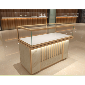 Vitrina para Exhibición <span class=keywords><strong>de</strong></span> Joyería, <span class=keywords><strong>Vidrio</strong></span> Templado, Acero Inoxidable con Revestimiento <span class=keywords><strong>de</strong></span> Titanio, Blanco/Dorado, Forma <span class=keywords><strong>de</strong></span> L, Resistente, con Iluminación LED, Personalizable - Product Image 2