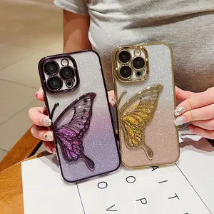 Luxe Gegalvaniseerde Vlinder Telefoonhoes Voor Iphone 15 14 13 12 11 Pro Max Met Gradiënt Glitter Papier Doorzichtig Omhulsel